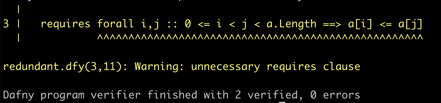 Warnings emitted by Dafny on an example of a proof with a redundant requires clause