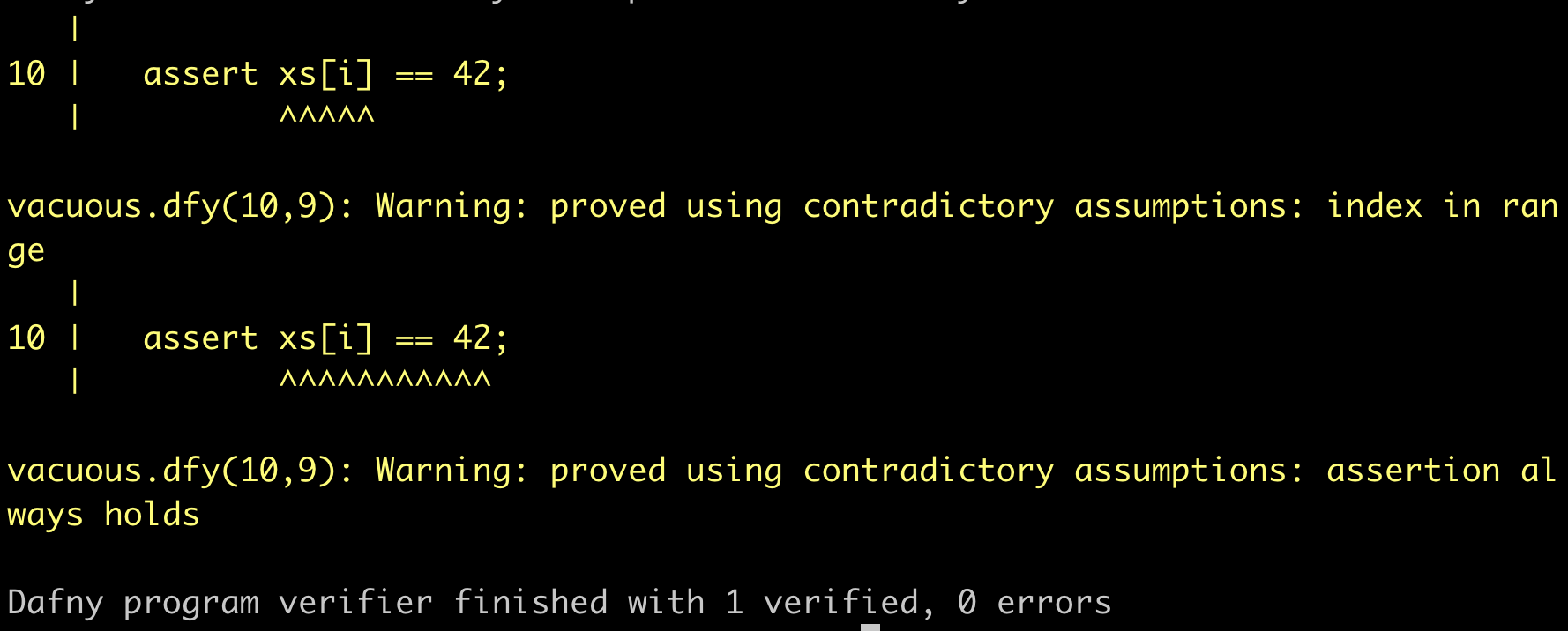 Warnings emitted by Dafny on an example of a vacuous proof